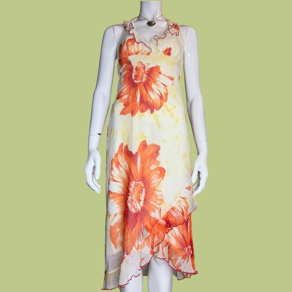 Vintage 90s Y2K Orange Floral Asymmetrical Midi Dress - Picture 7 of 7